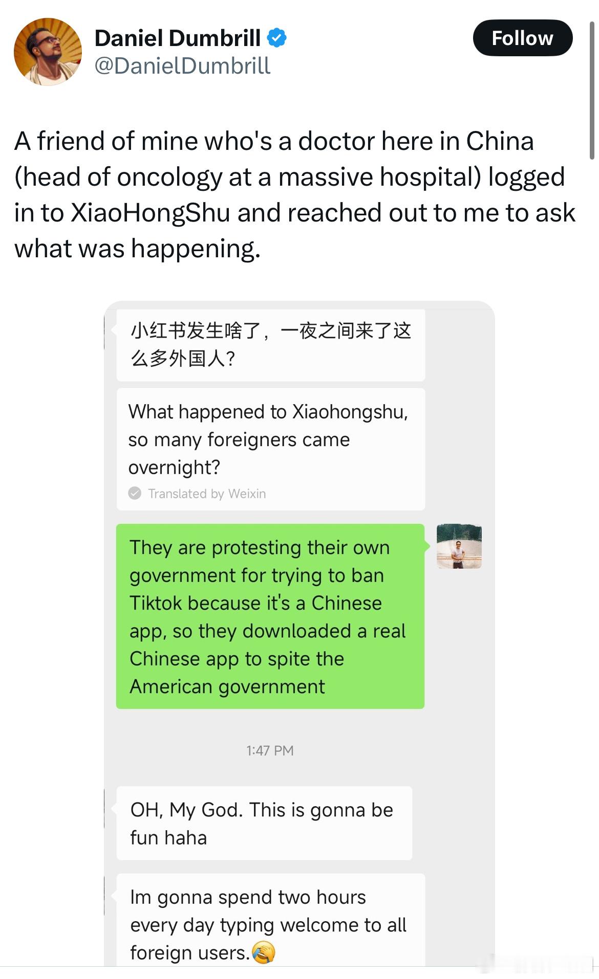 TikTok难民来啦  一个歪果仁向他的中国医生朋友解释：“小红书发生了啥，为什