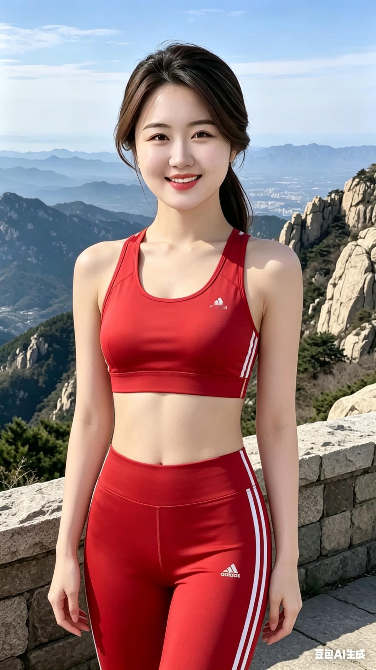 活力美女身着时尚运动套装，在山间畅快奔跑，身姿轻盈矫健，阳光洒在身上，整个人精神