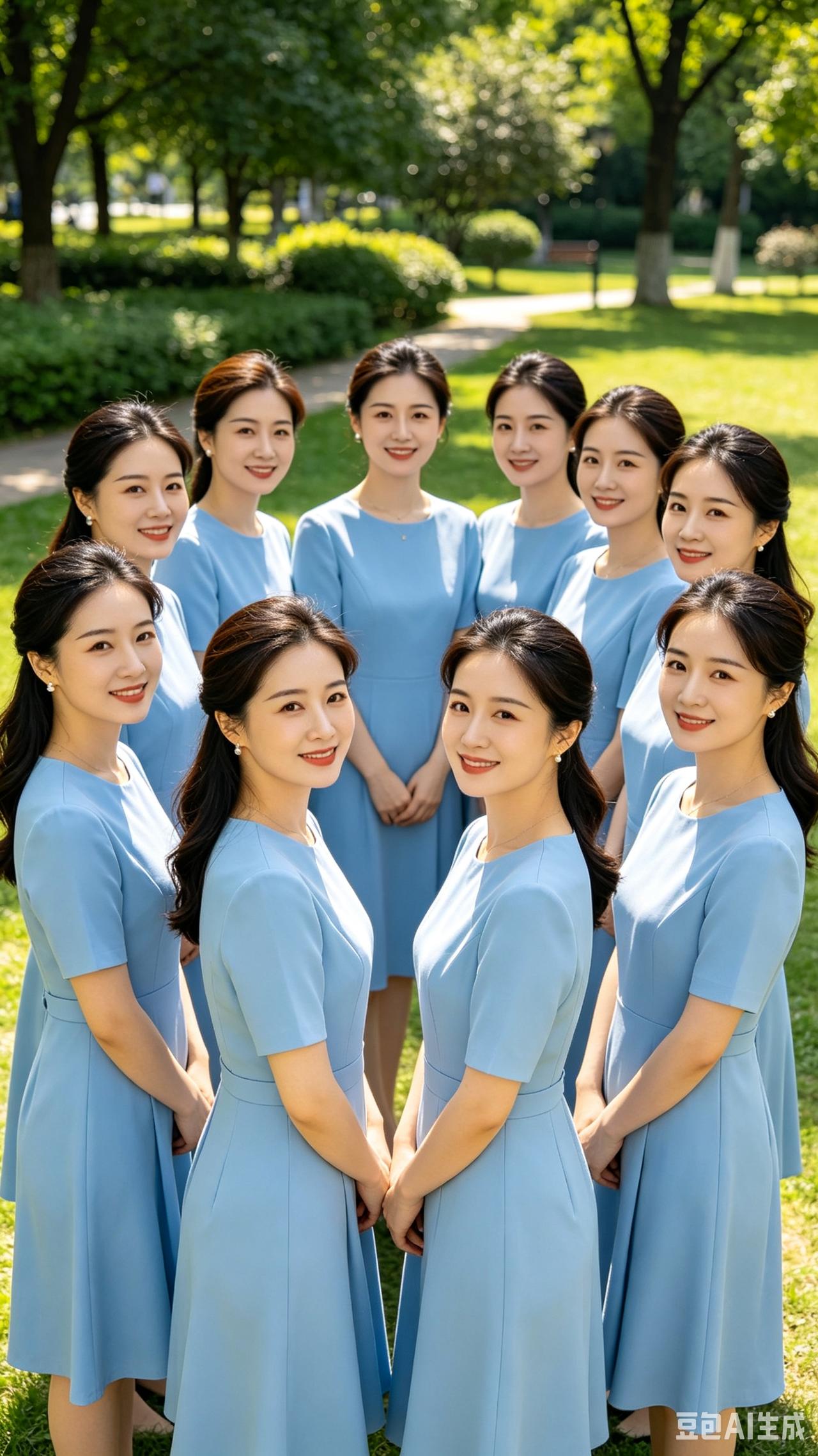 蓝裙十姝围圈歌
 
十朵蓝花绽草坪，纤手相牵绕画屏。
明眸皓齿各含韵，你心偏向哪