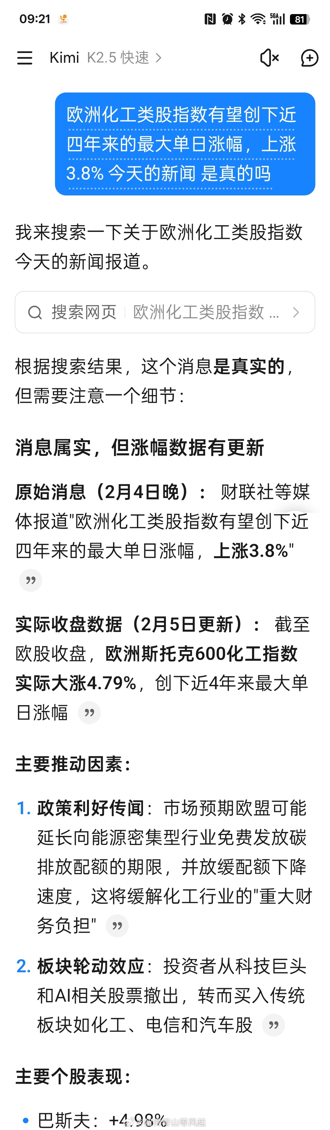 欧洲化工类股指数有望创下近四年来的最大单日涨幅，上涨3.8%。 实际收盘上涨更多