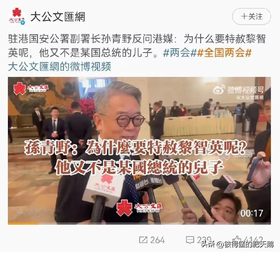 这嘴跟抹了蜜似的，说话真好听。

据大公文汇网报道，驻港国安公署副署长孙青野反问