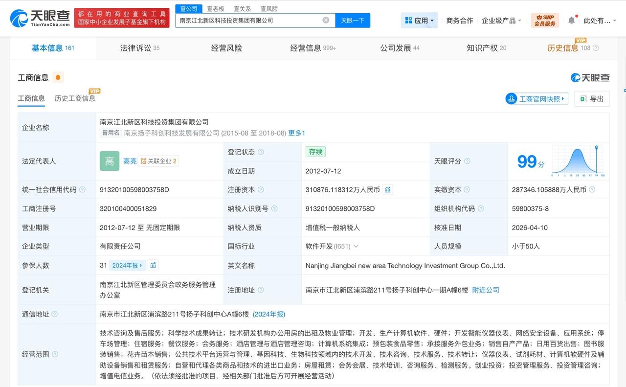 南京江北新区科技投资集团增资至31.1亿 增幅约8.2%

天眼查App显示，近