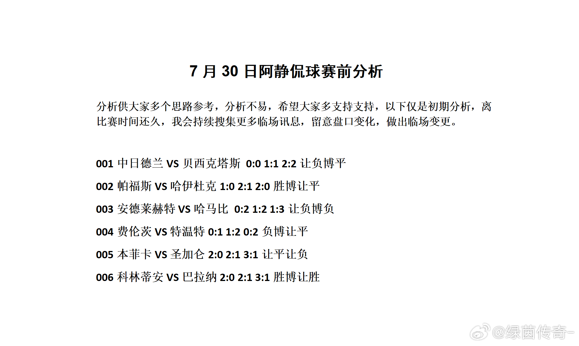 7月30日阿静侃球赛前分析分析供大家多个思路参考，分析不易，希望大家多支持支持，