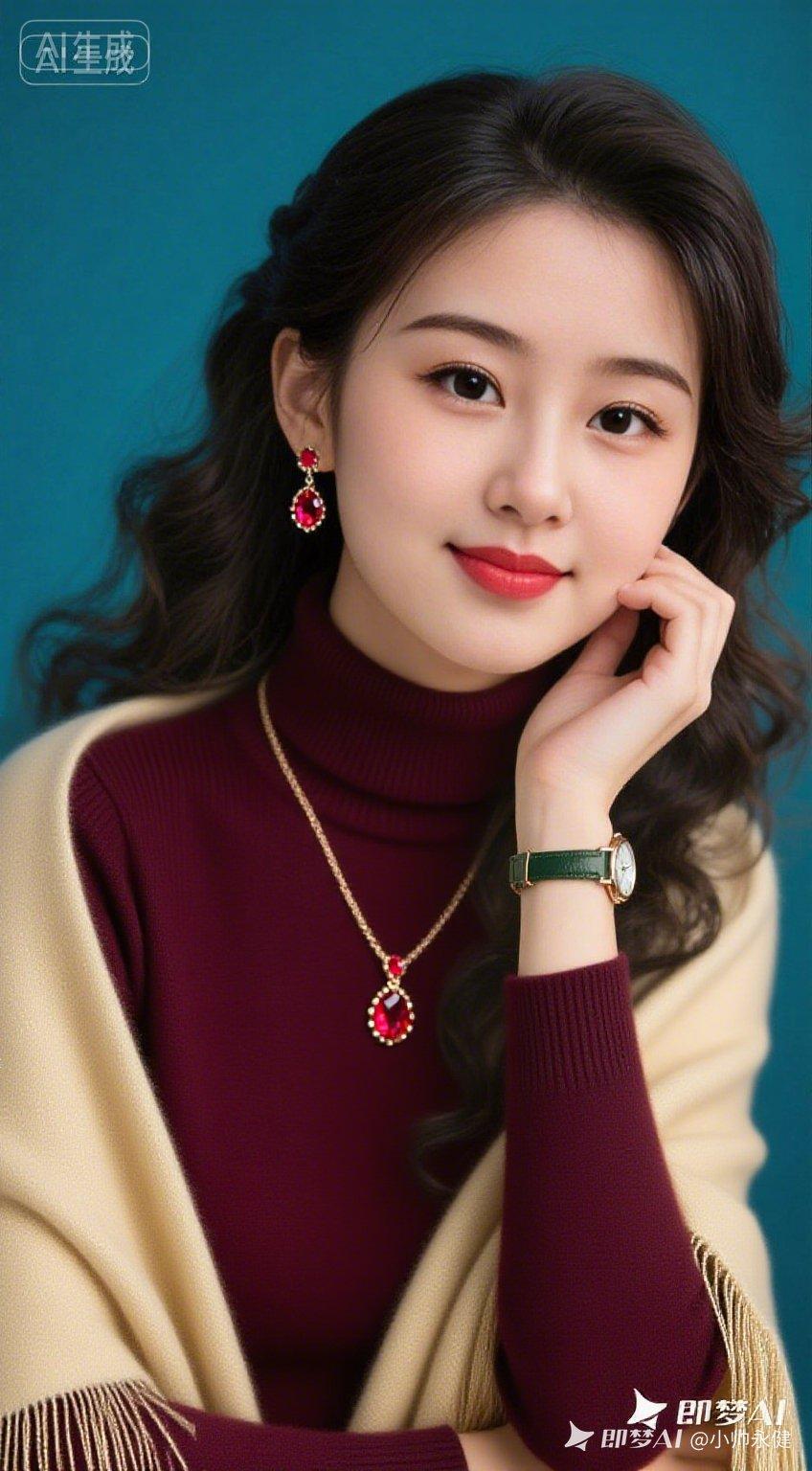 优雅红唇，复古耳环，时尚穿搭，气质女神！