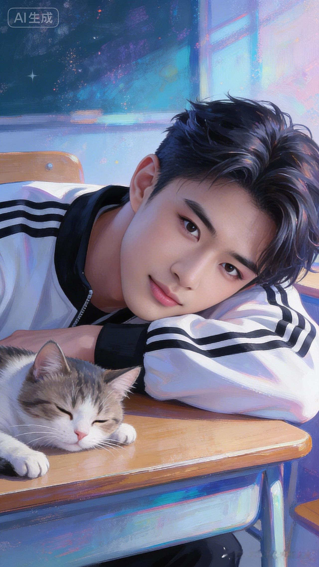 这男孩趴在桌上，旁边有只猫睡着。