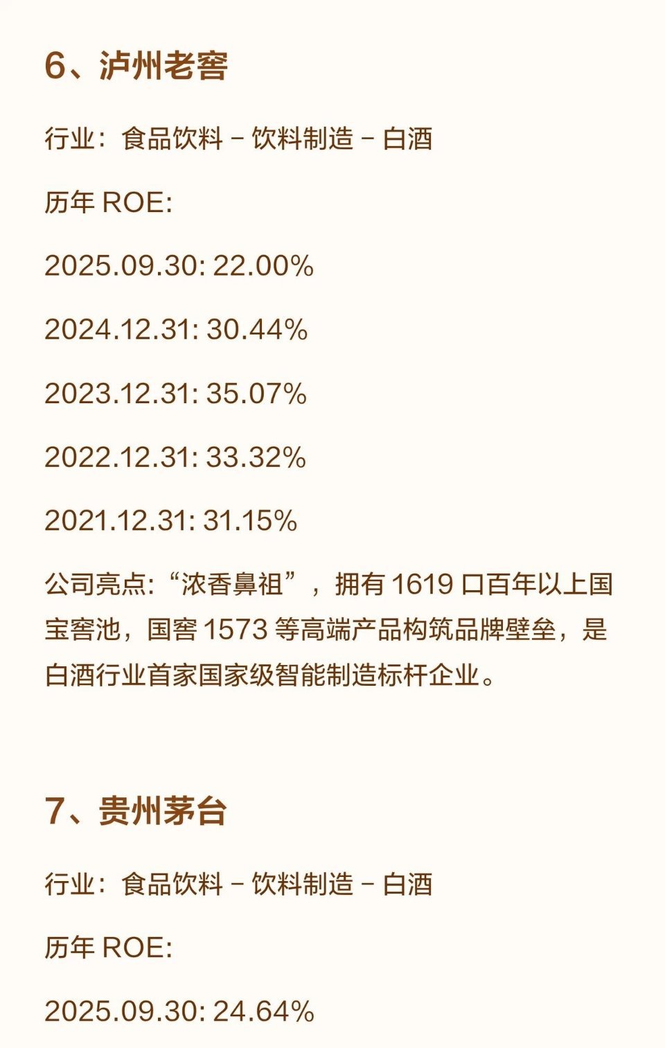 A股连续5年ROE（净资产收益率）超20%的公司共12家，涵盖食品饮料、轻工制造