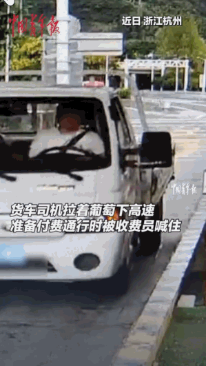 近日，浙江杭州，一男子拉着一车葡萄经过高速收费站，准备掏钱下高速时，却被收费员直
