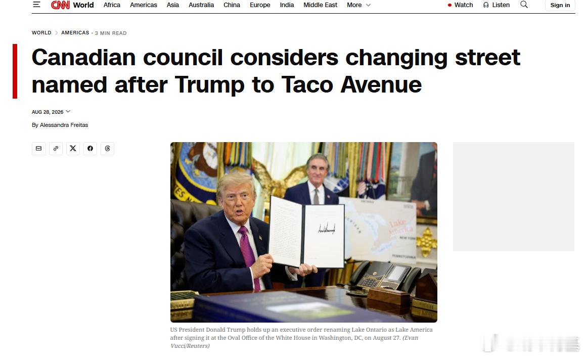 加拿大议会考虑将以特朗普命名的渥太华街道更名为TACO大道来源：CNN ​​​