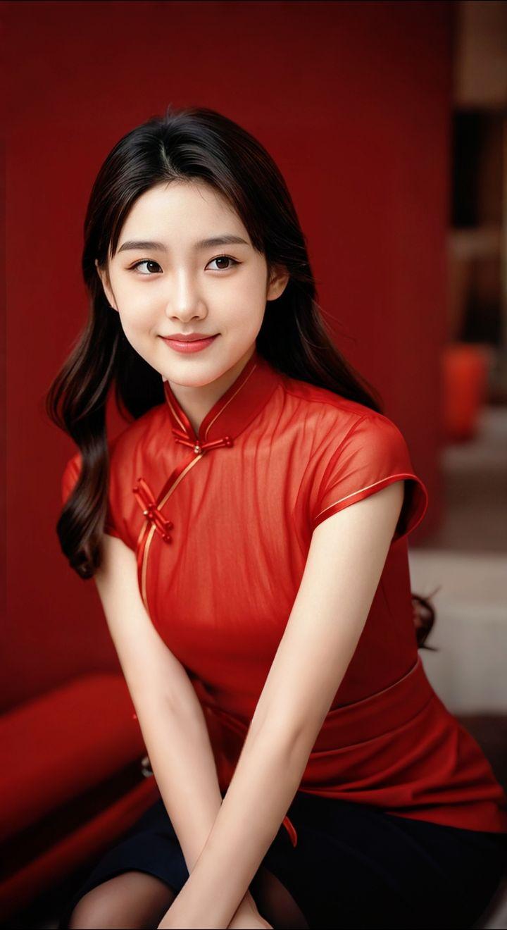 AI扩图 AI红裙浅笑
