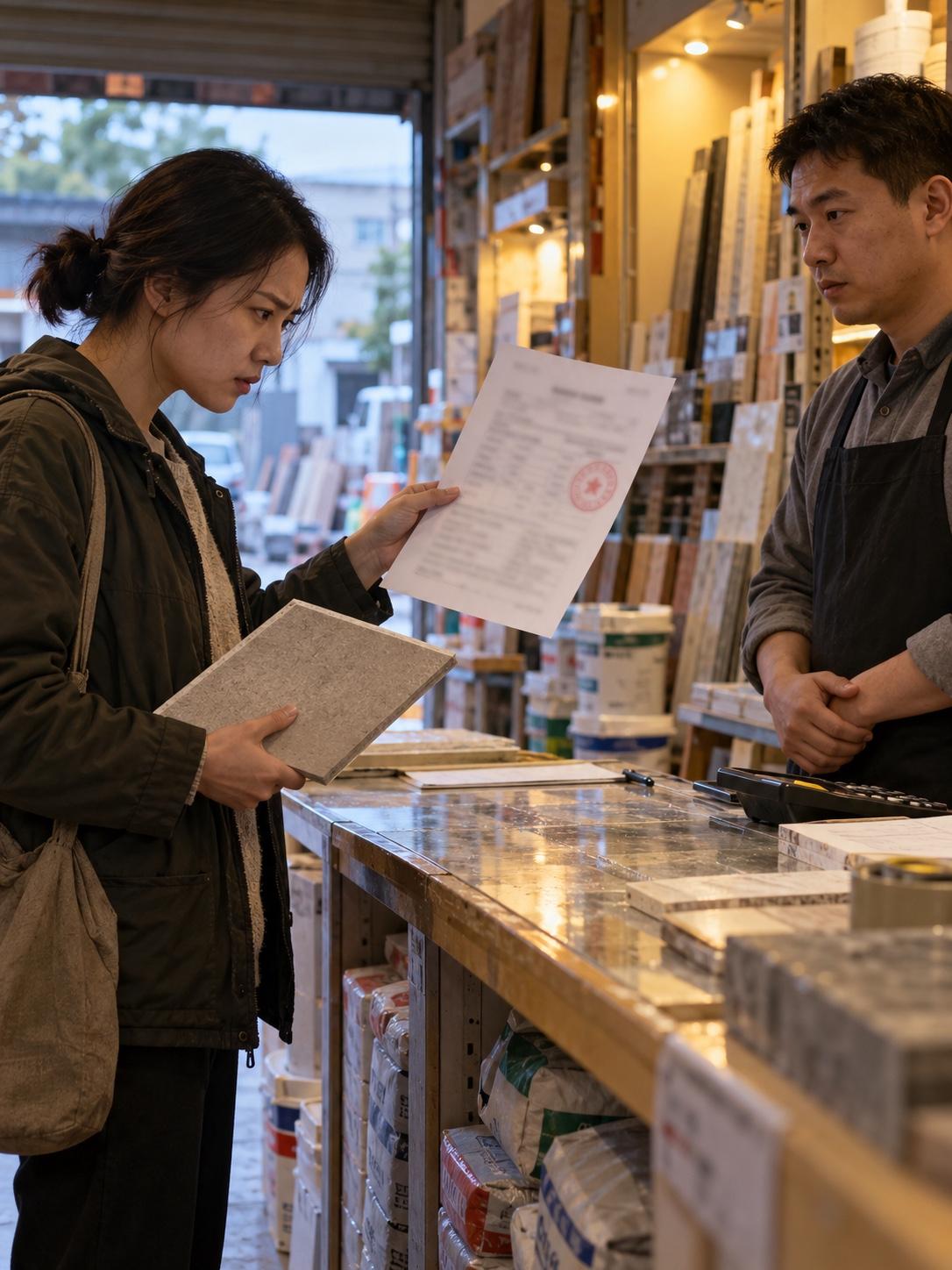 商家递来的检测报告，盖着红章也未必稳。

买装修材料、珠宝或食品，商家拿出一张“