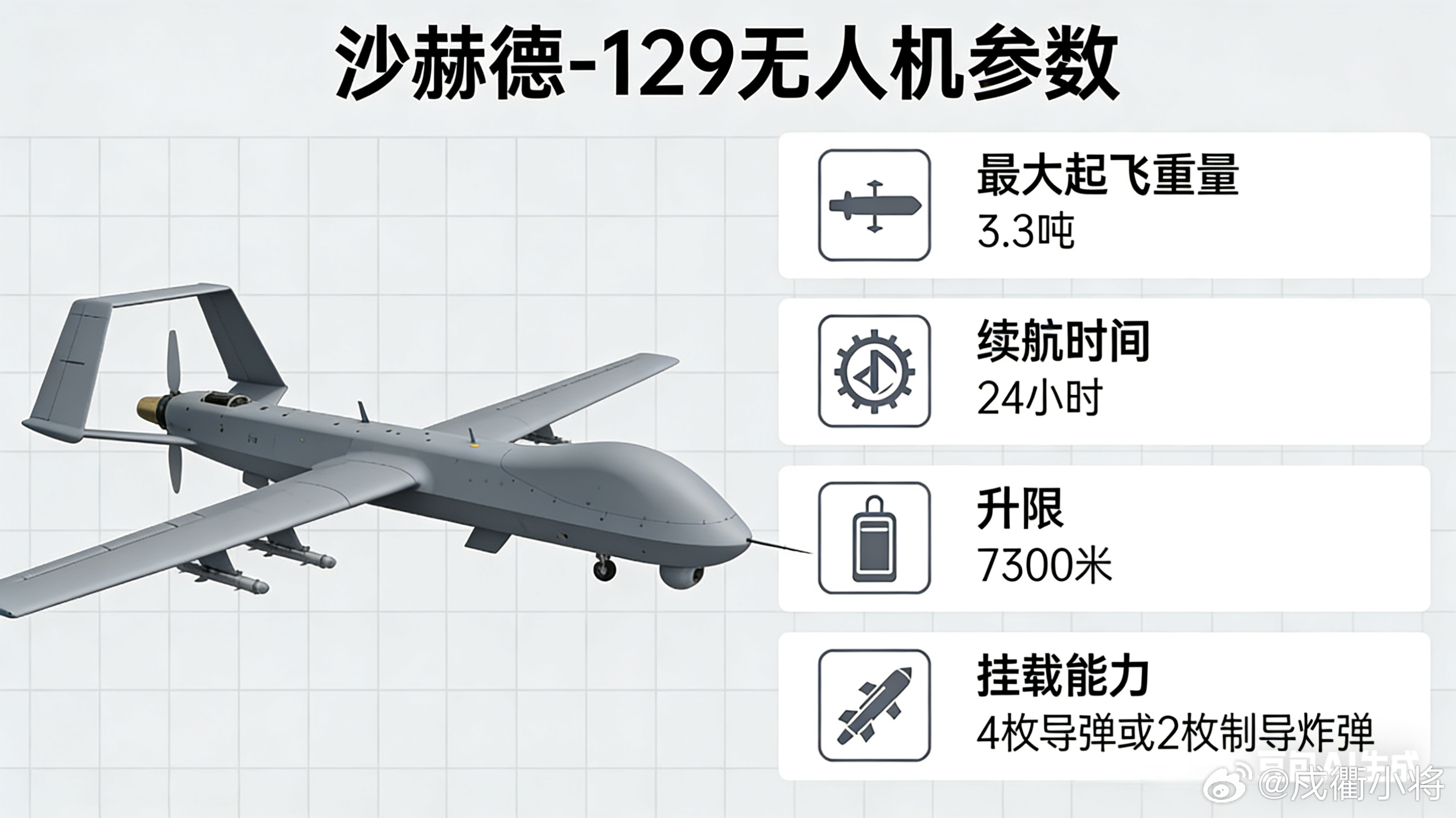 沙赫德-129是伊朗自主研发的中高空长航时察打一体无人机，具备全天候侦察、监视与