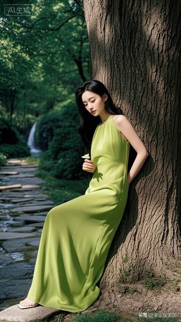绿意盎然中，黑发少女倚树而立，清新自然，仿佛置身森林仙境。