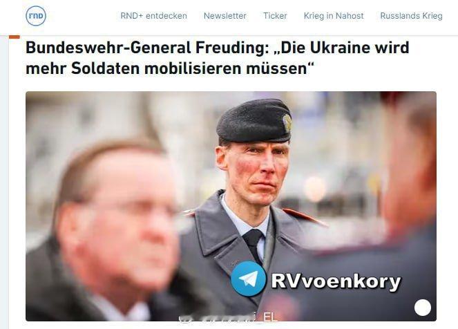 德国将军克里斯蒂安·弗洛伊丁称，由于伤亡和疲惫，乌克兰必须动员更多的士兵，同时也