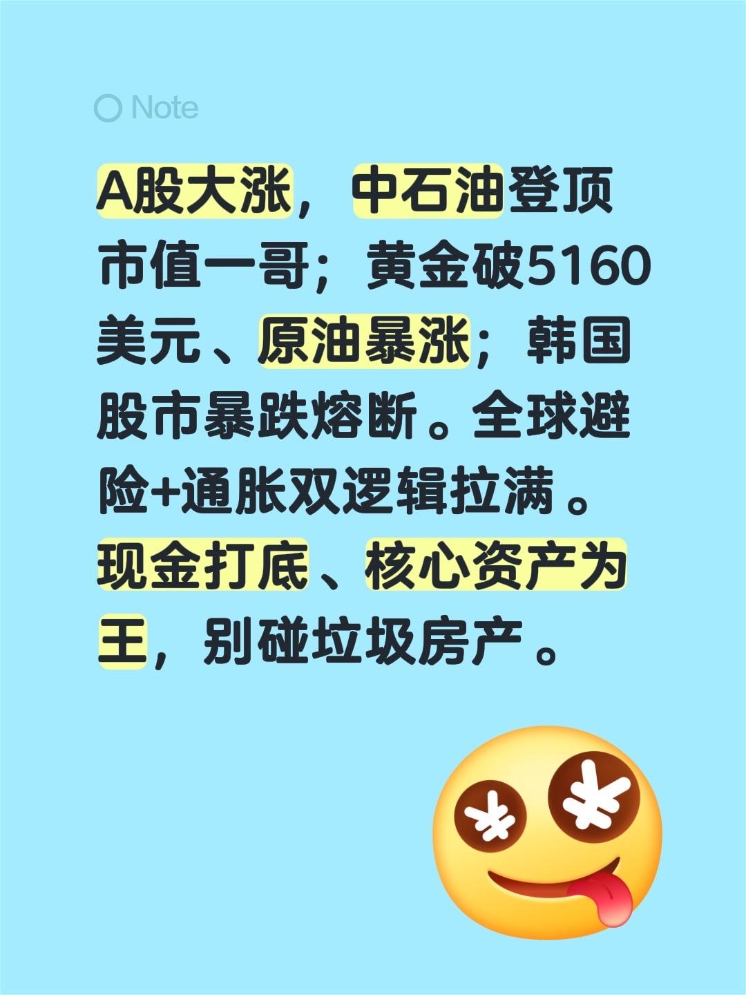 A股大涨，中石油登顶市值一哥；黄金破5160美元、原油暴涨；韩国股市暴跌熔断。全