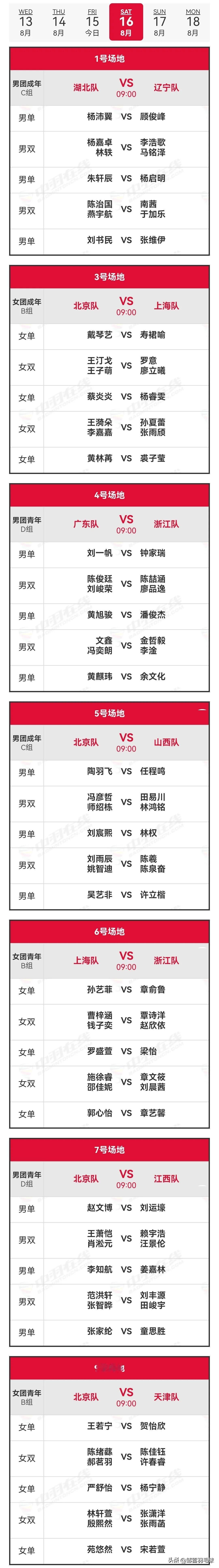8月16日2025年第15届全运会羽毛球团体赛资格赛上午场安排

明日上午09：