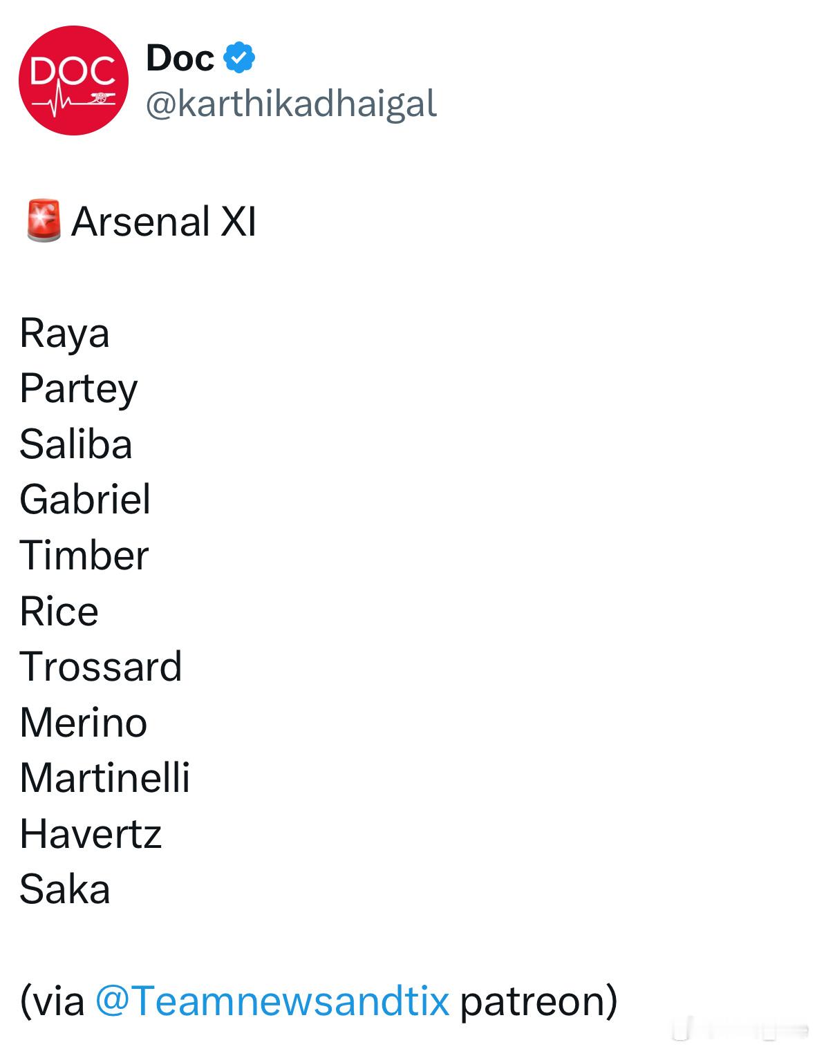 神龟透露首发，加布里埃尔惊喜回归，托马斯继续右后卫。COYG！ ​​​
