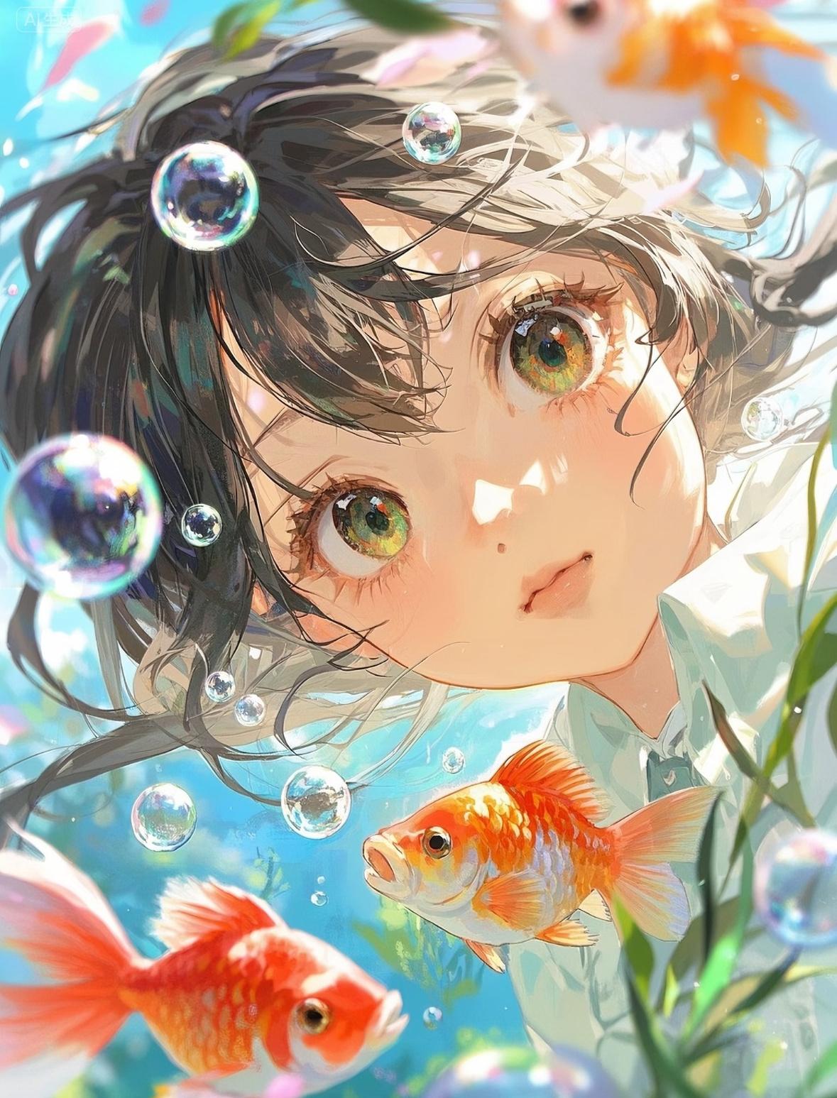 谁懂！夏日清凉感被这组插画轻松拿捏了～[微风]发丝在水里飘成小云朵☁️金鱼🐟当