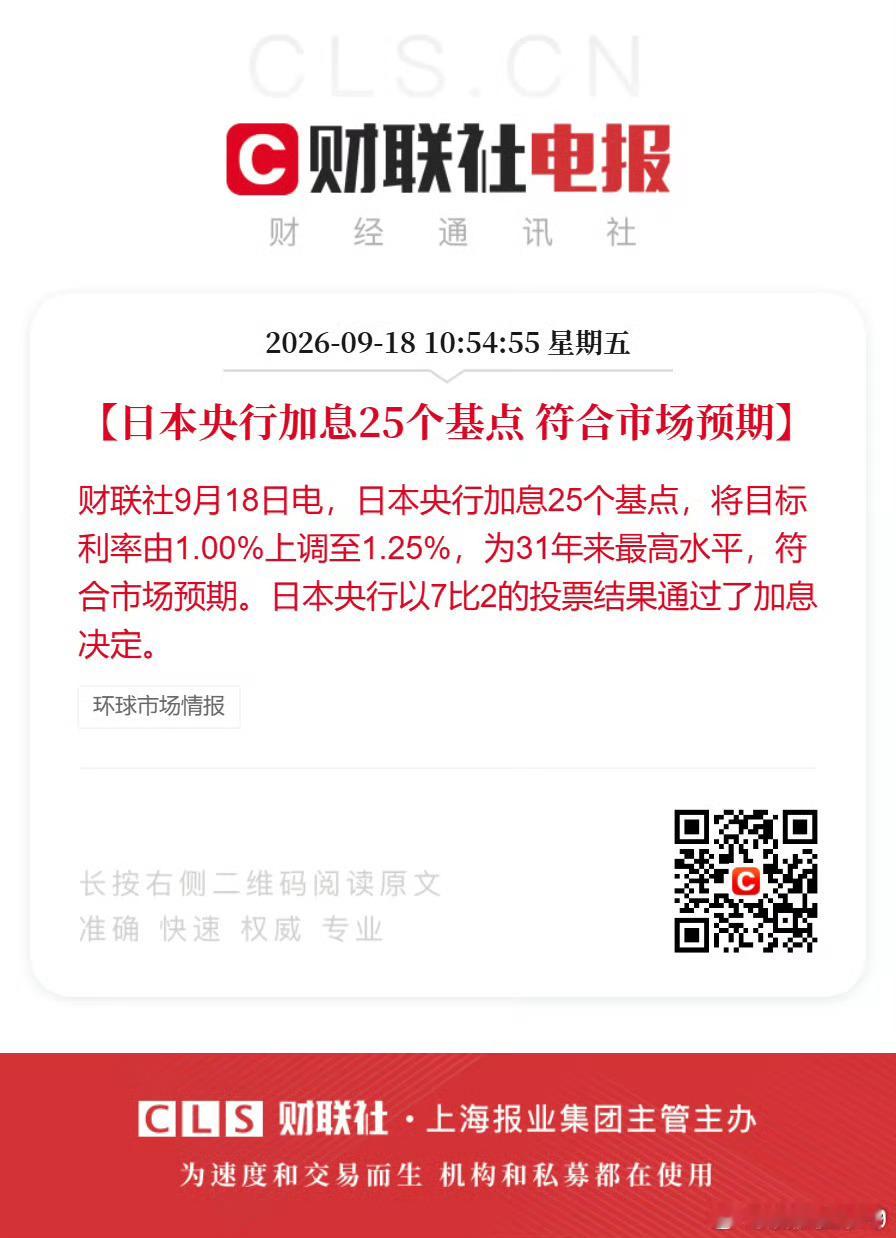日本央行时隔3个月再加息日本央行加息25基点日本加息是预期内的事，所以不是利空，