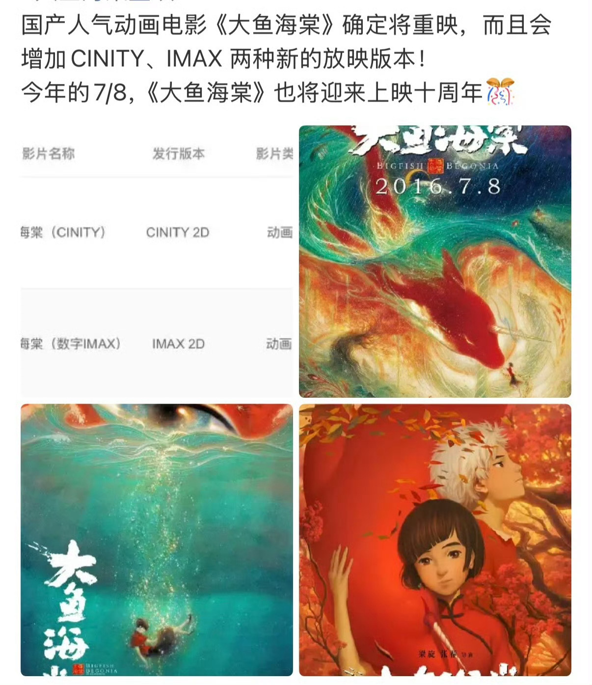 大鱼海棠《大鱼海棠》上映十周年之际，指出该片虽剧情人设争议不断，但周深演唱的主题