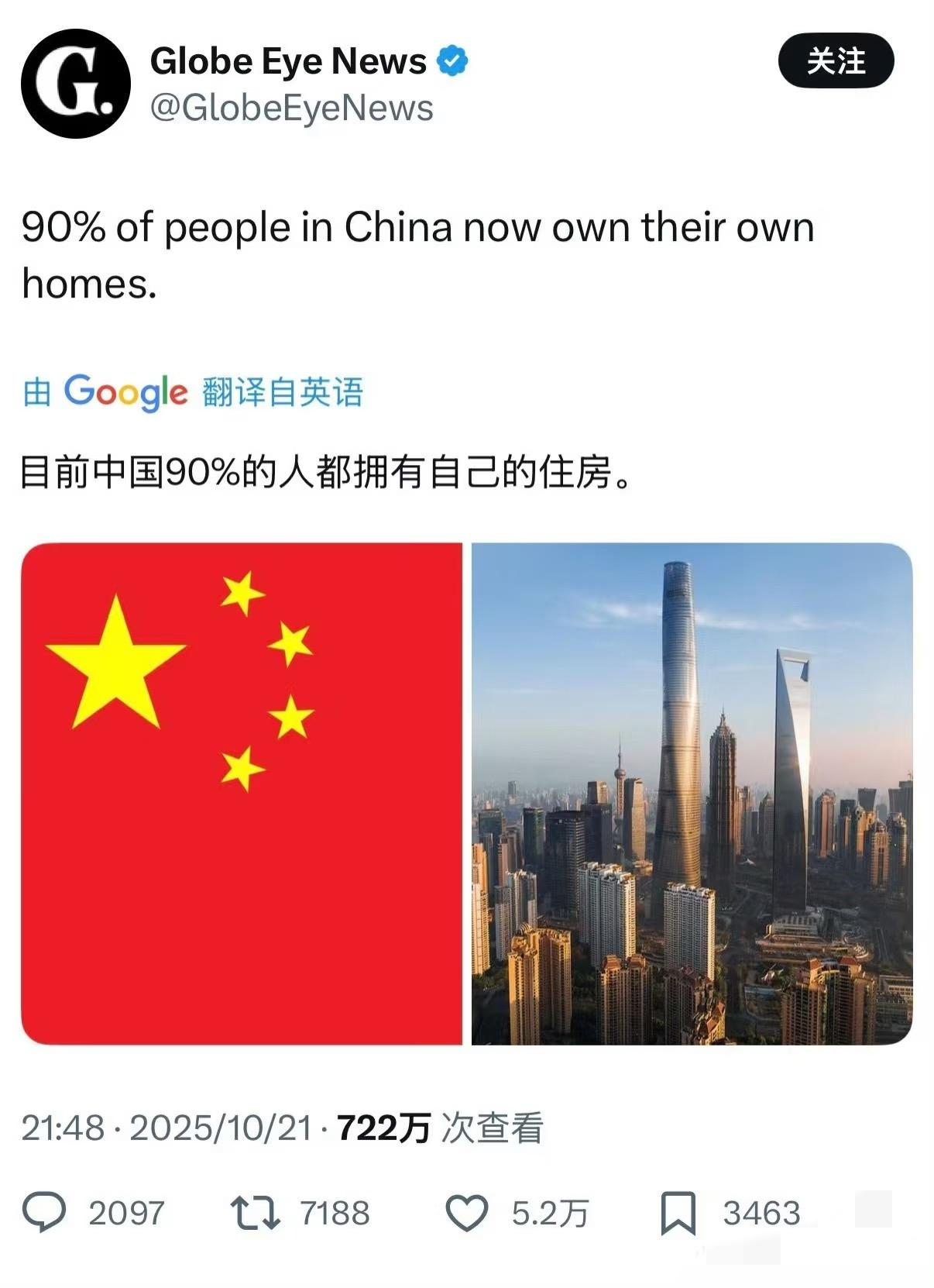 推特热议。

中国90%的人都拥有自己的住房，要我说农村自建房也算的，哪怕是黄土