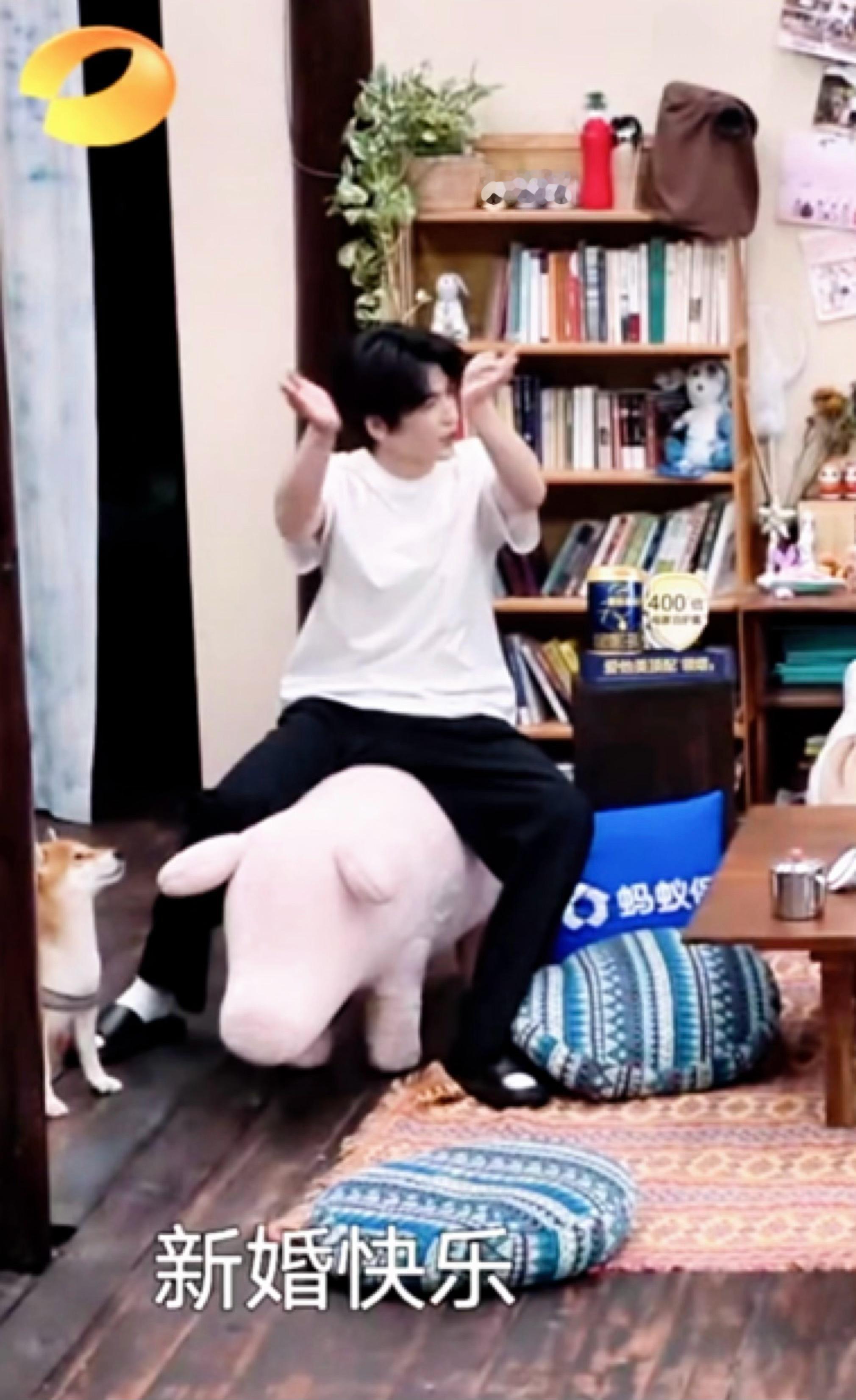 咋这么萌呀 拍手凌赫坐在小猪玩偶上🫳🫳 