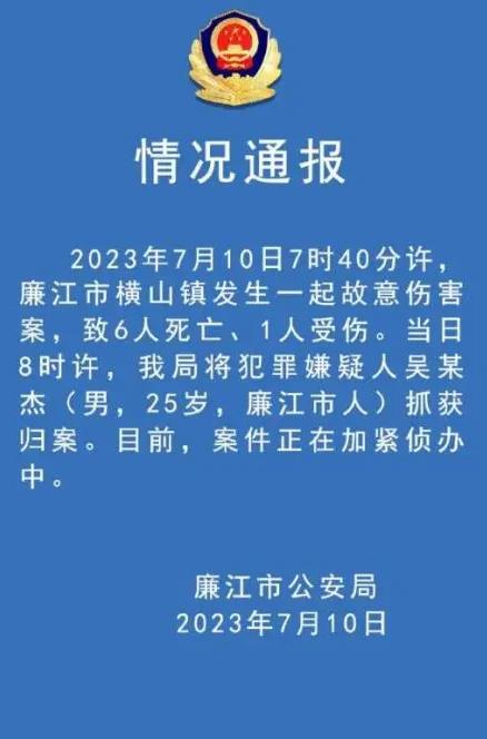 广东廉江发生一起幼儿园故意伤害案致6死1伤 ，具体起因正在侦办
具体的原因，尚不
