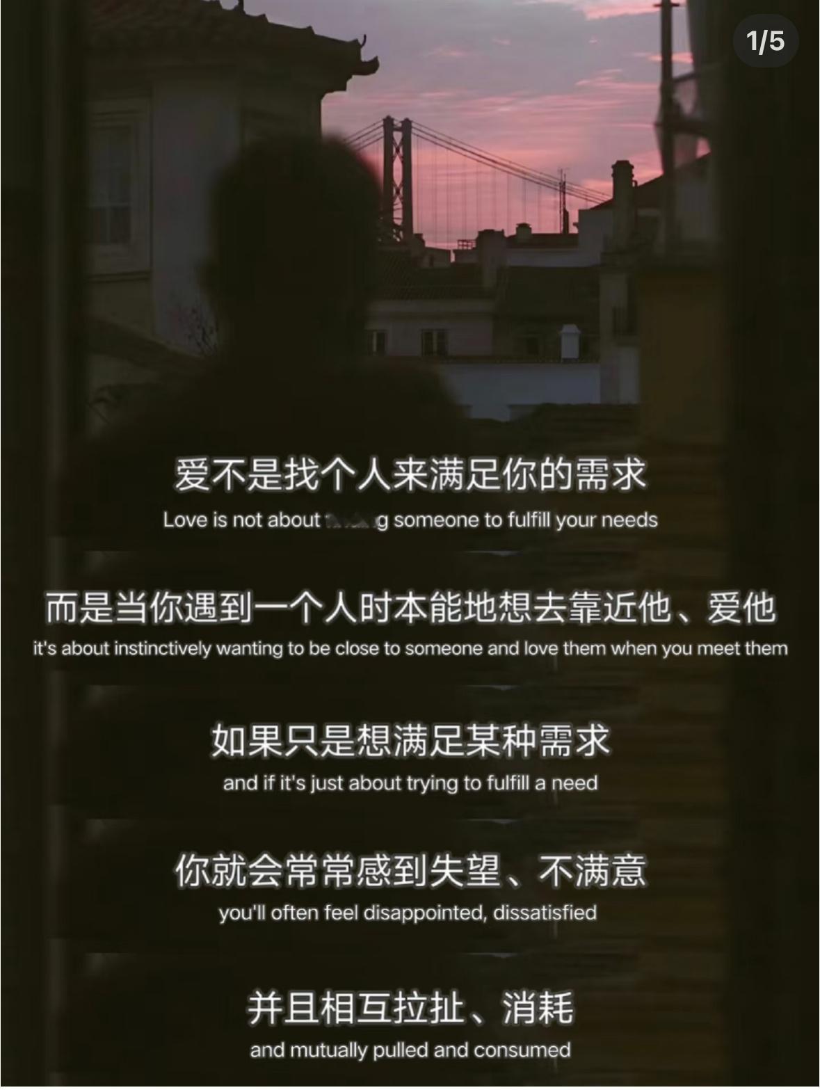 爱不是找个人来满足你的需求而是当你遇到一个人时本能地想去靠近他、爱他如果只是想满