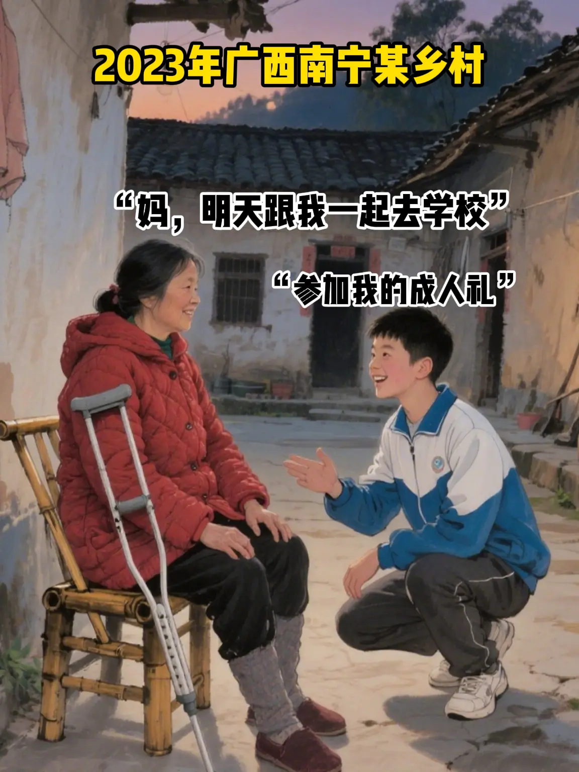 男孩背起母亲的这一刻，就已成人礼已经圆满。