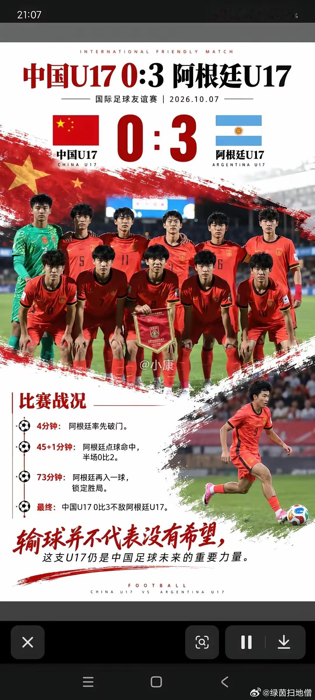 U17国少0:3阿根廷，热身三战全败！黄金一代不能就这样被消耗刚结束的伦敦四国邀