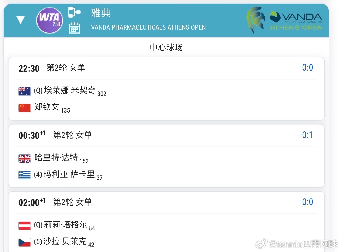 7.15日郑钦文出战WTA雅典第二轮（直播地址在粉丝群）22:30郑钦文🇨🇳