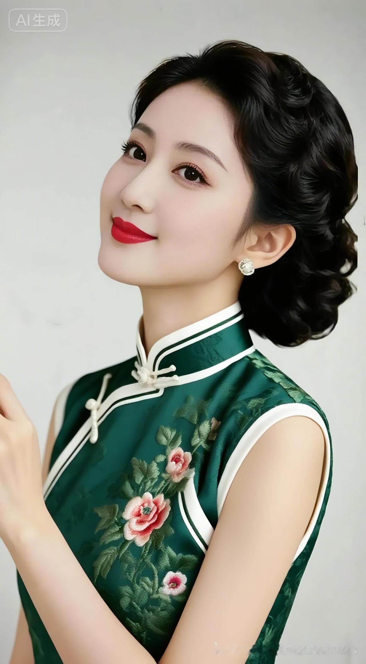这位女士穿着旗袍，妆容精致。