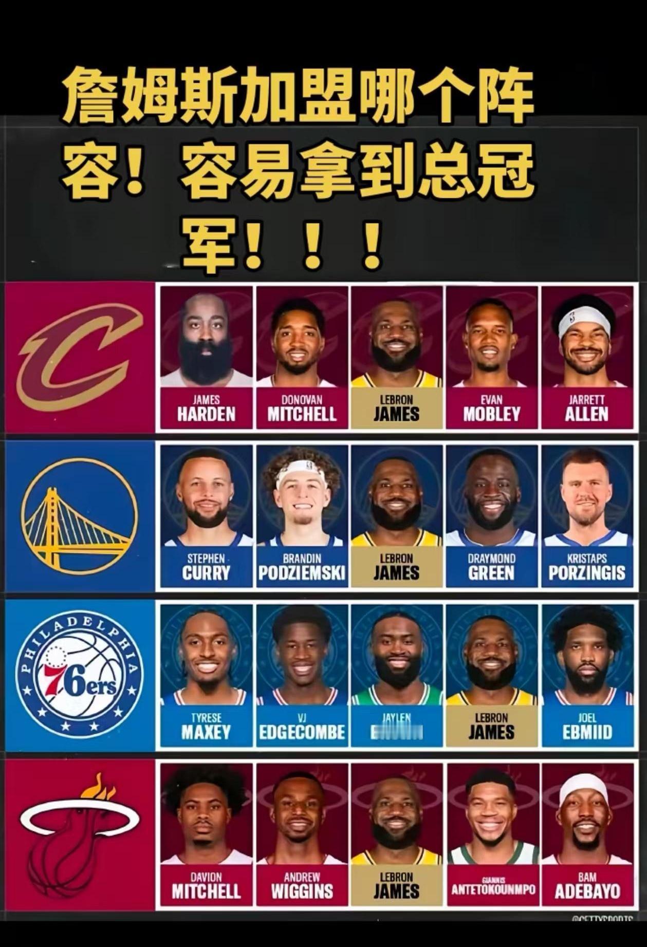 詹姆斯加入以下这4支球队的哪支球队，最容易拿到总冠军？这4支球队分别是骑士、勇士