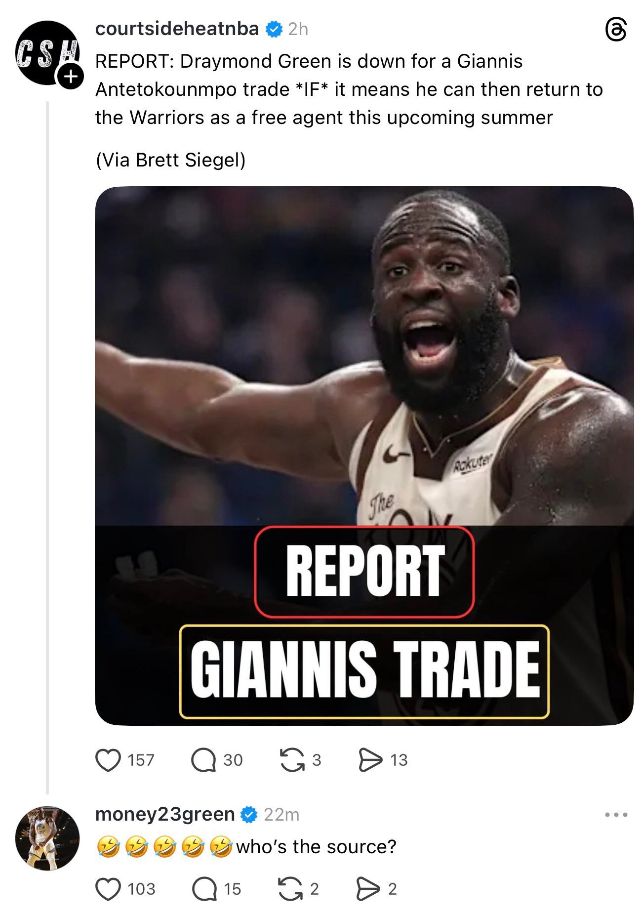 此前Brett Siegel发布格林同意参与涉及字母哥的交易，前提是他能在今年夏