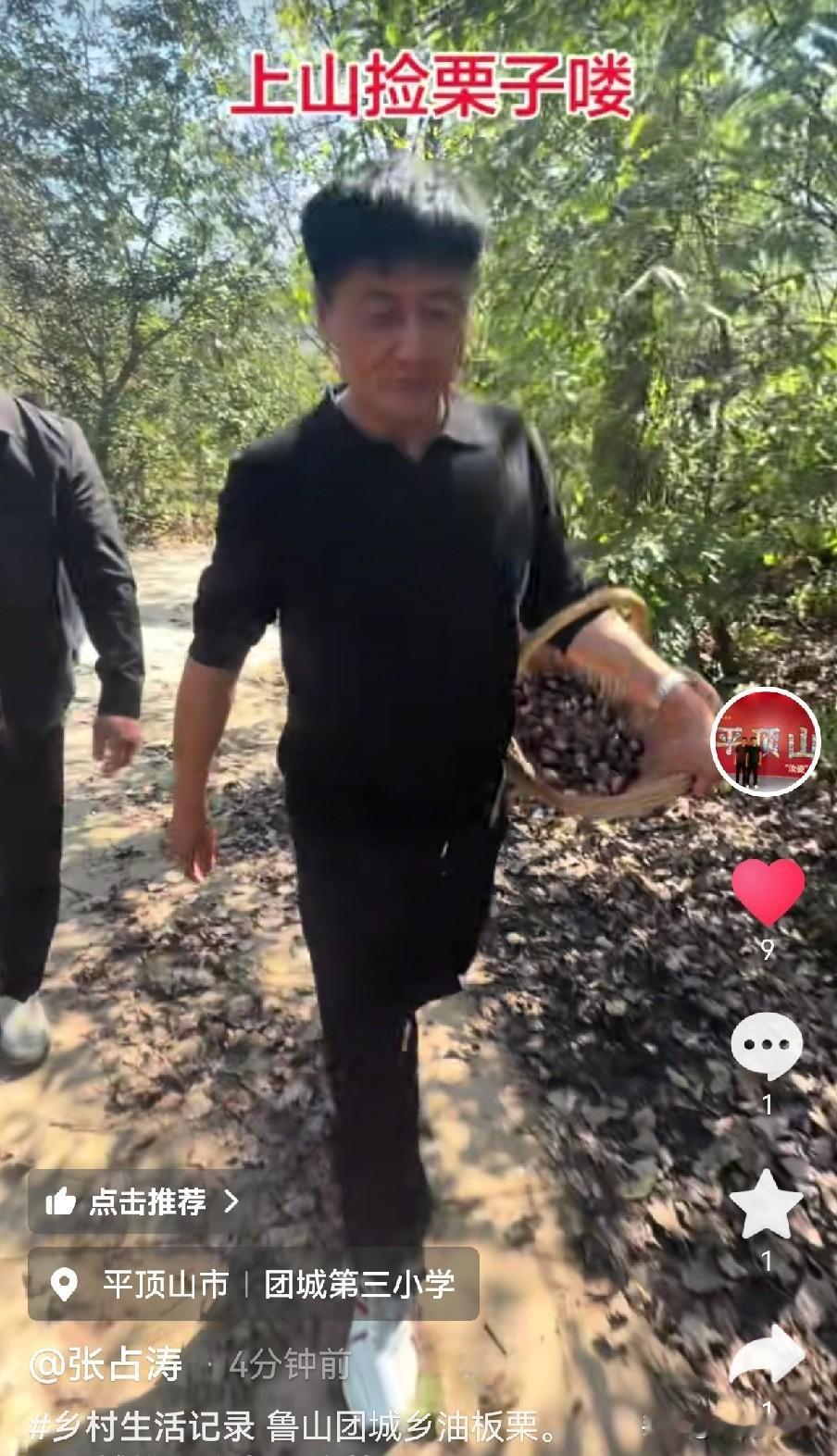 杰哥挽着篮子，这是要去干嘛呢？原来他今天又来到鲁山。

他这是去捡栗子呢！这一天