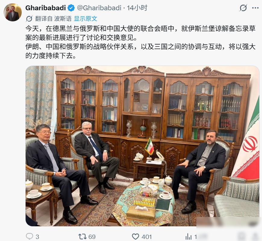 6月13日，伊朗副外长卡泽姆·加里布阿巴迪在首都德黑兰与俄罗斯、中国驻伊朗大使碰