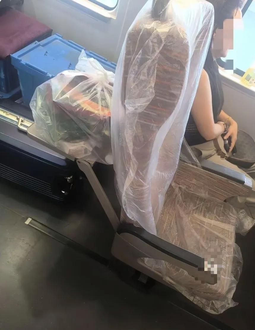 高铁上邂逅一位格外注重清洁的女士。她上车后
迅速为自己的座椅套上一次性塑料袋，接