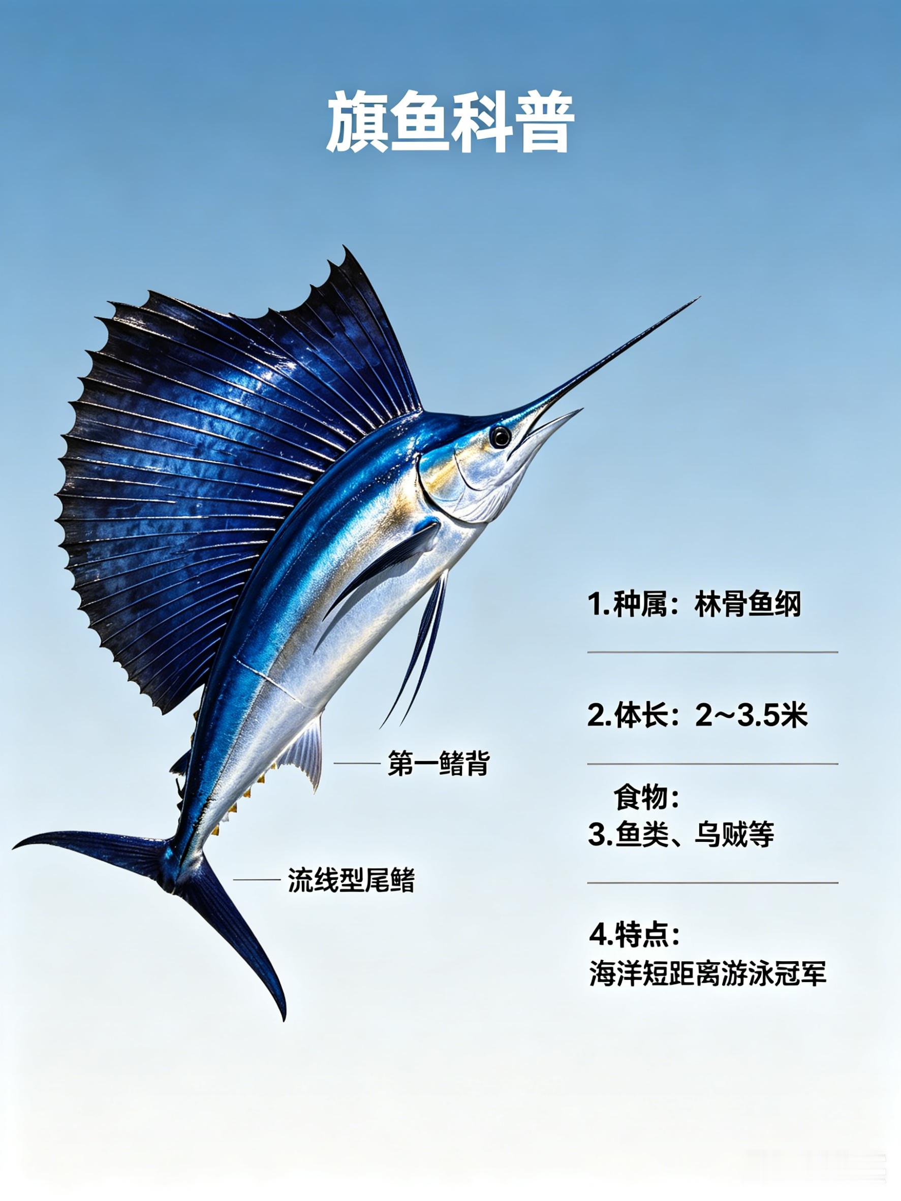 海洋朋友圈 旗鱼海洋档案种　属：硬骨鱼纲体　长：2～3.5米食　物：鱼类、乌贼等