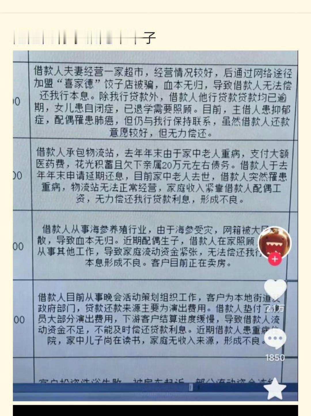 一个银行流出的不良贷款人信息，普通人真的不要创业，不能生病，否则真的是没有任何翻