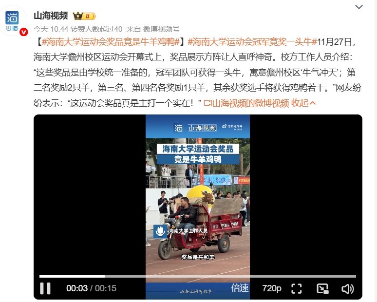 海南大学运动会奖品竟是牛羊鸡鸭 给大学生奖励牛羊让他们怎么办？是自己杀了吃肉还是