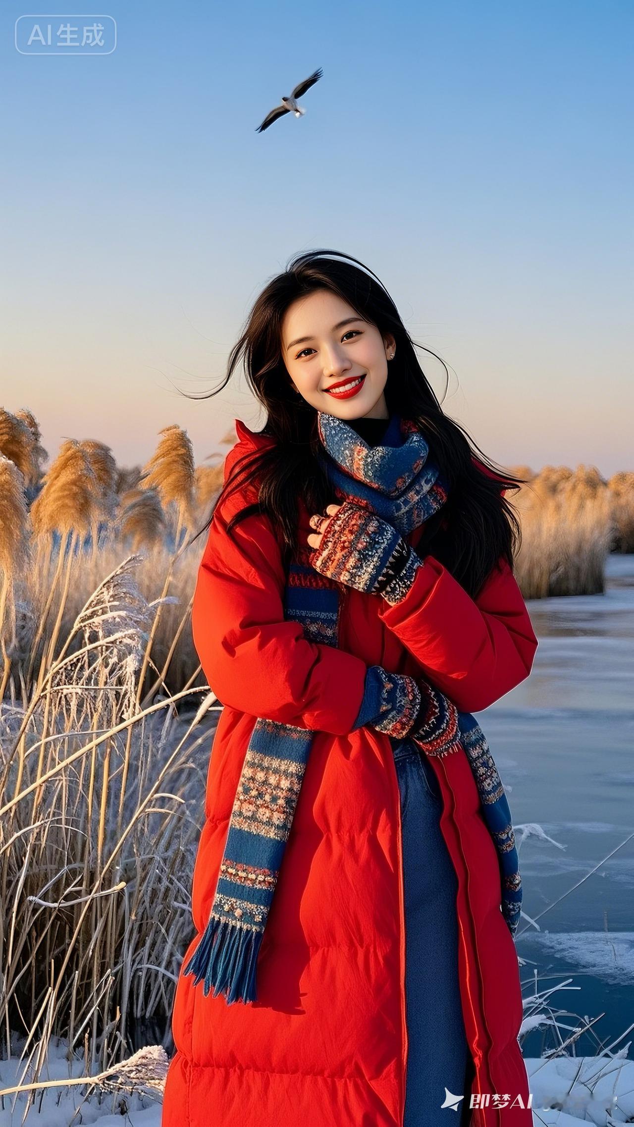 冬日暖阳下，红衣少女与飞鸟相伴，笑靥如花。