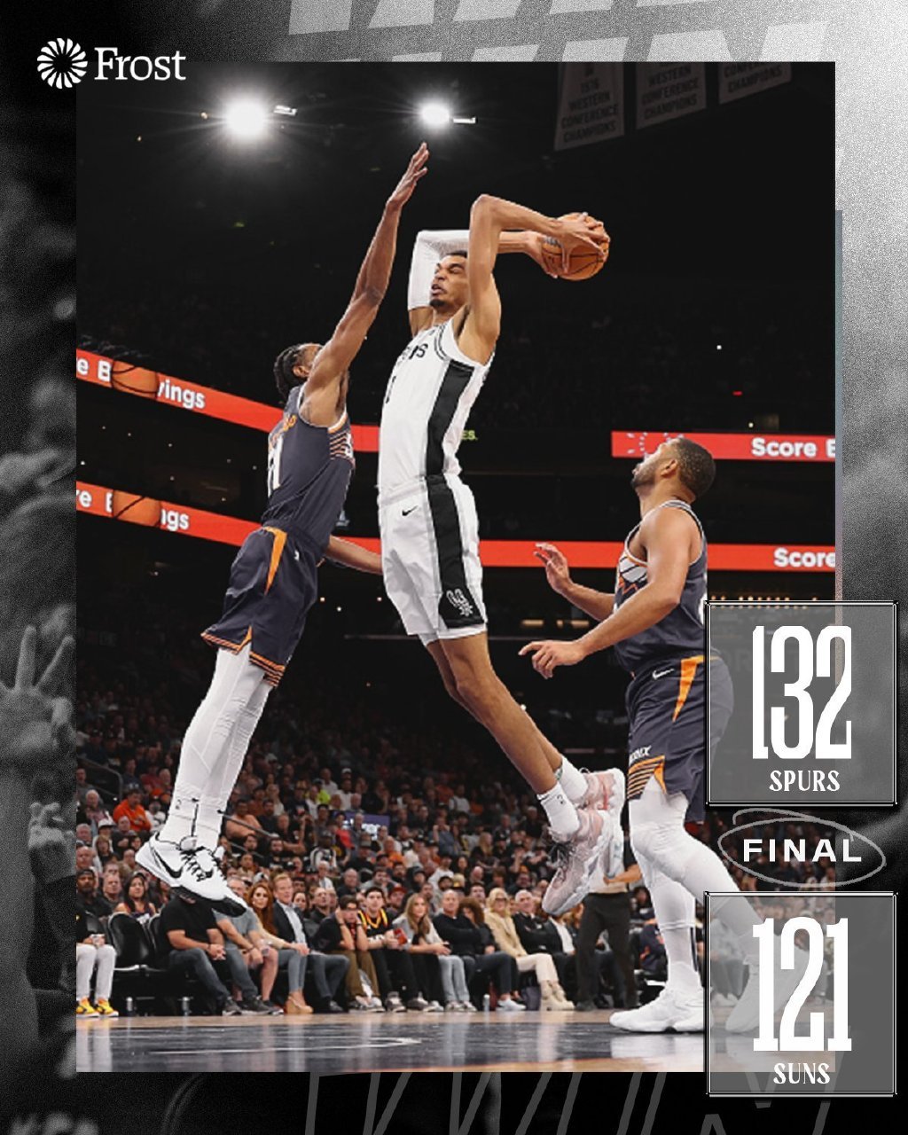 #马刺战胜太阳##马刺双杀太阳# 全场比分：马刺客场132-121双杀太阳队！马