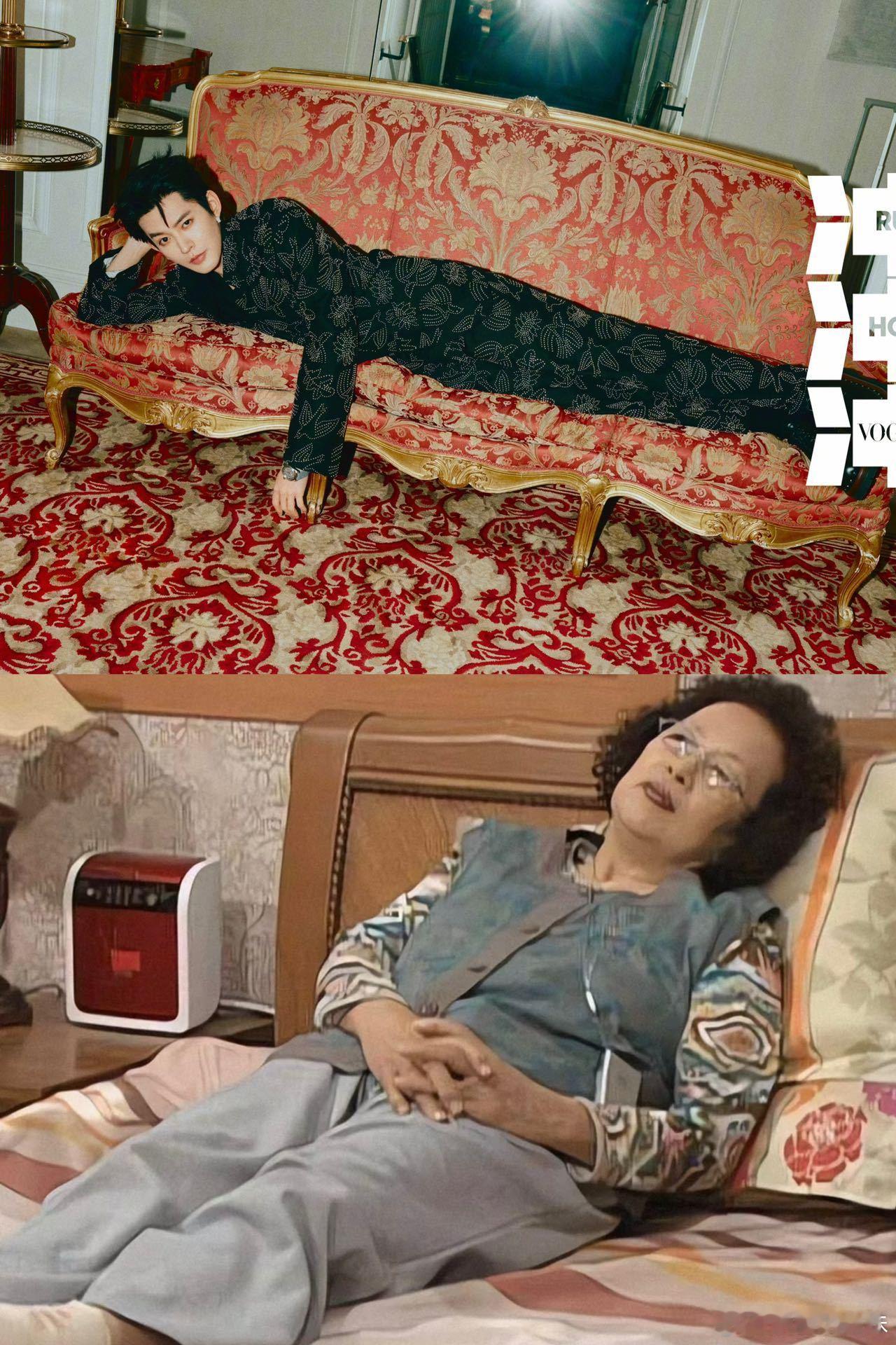 #邓为躺沙发vs我躺沙发#邓为的巴黎时装周造型魅力无限，Dior 黑色印花套装让