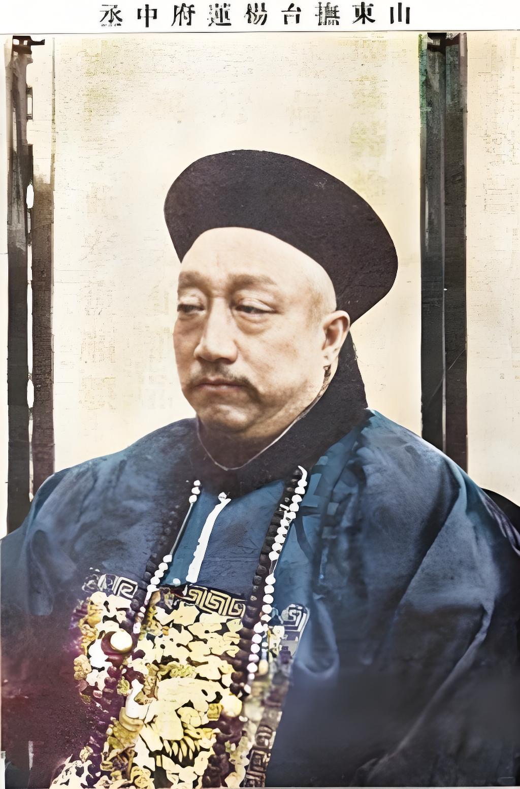 这张老照片中的清末官员，是山东巡抚杨士骧。他头戴黑色官帽，身着绣有精美图案的长袍