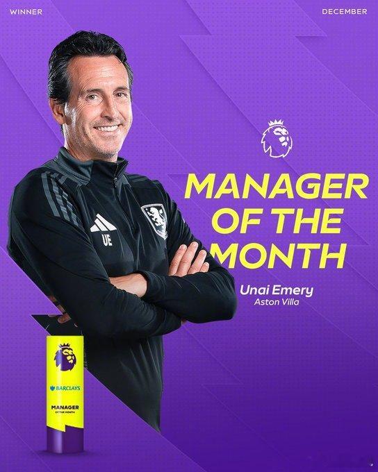 【官方】阿斯顿维拉主教练埃梅里当选英超12月最佳主教练，12月带队6胜1负。英超