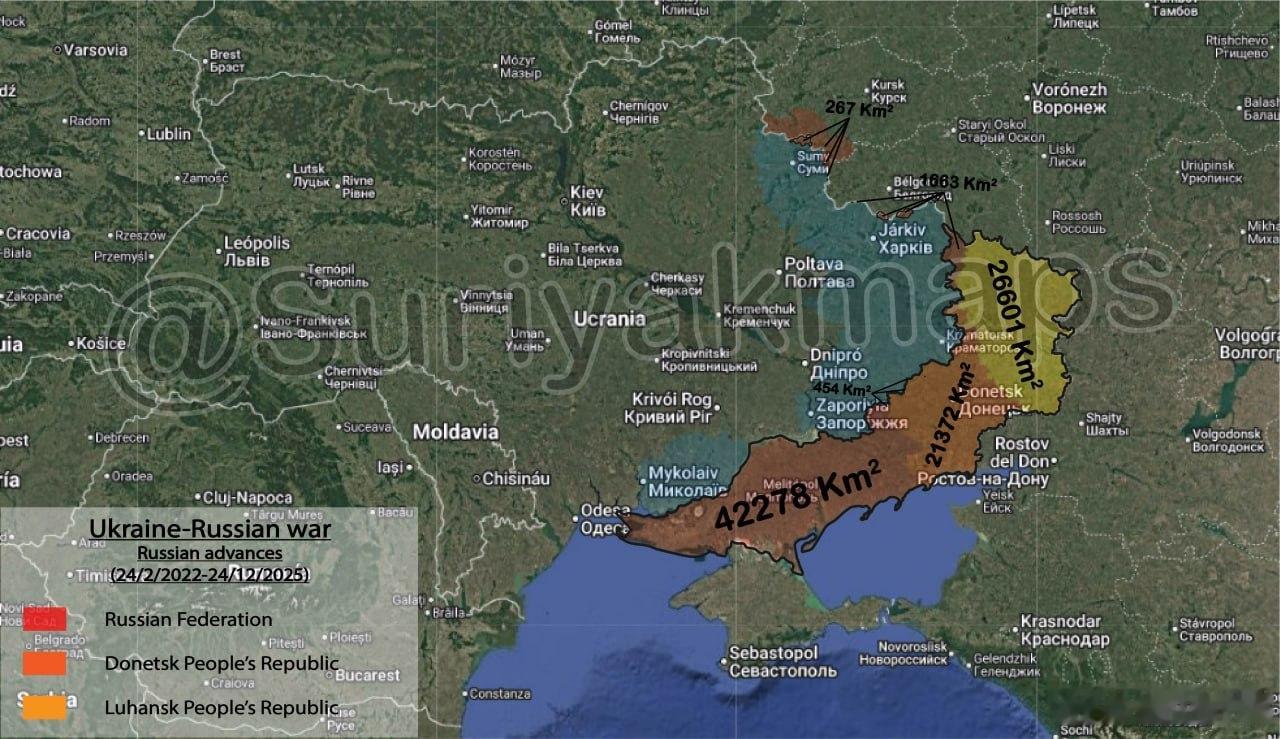 乌苏更新俄军领土统计。俄乌战争爆发1400天后，俄罗斯军队目前控制着91861平