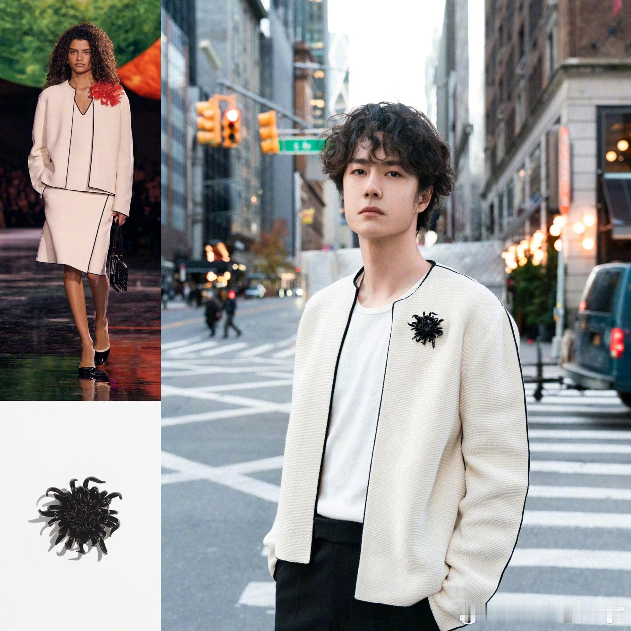 王一博身着 CHANEL 2026春夏系列针织夹克、搭配山茶花胸针，即将亮相品牌