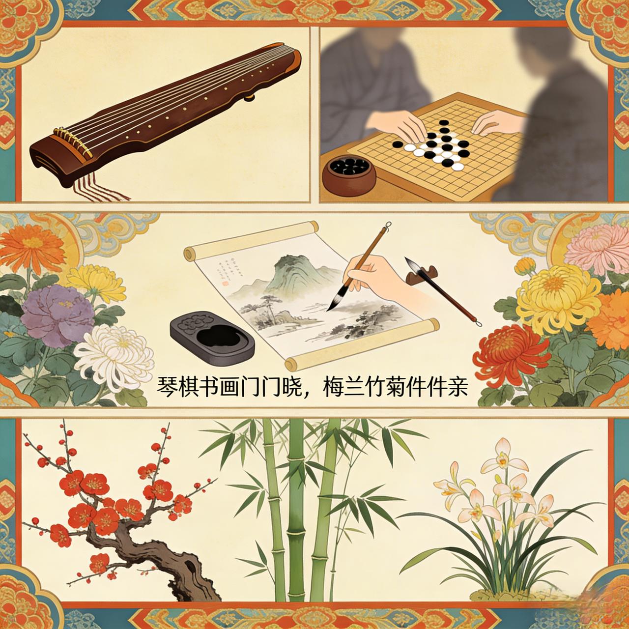 上联：琴棋书画门门晓，如何对下联  梅兰竹菊件件亲