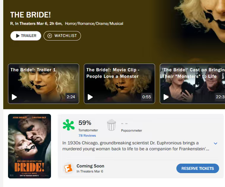 《暗黑新娘！》烂番茄已经开分了，暂时新鲜度59%。总体来看，这部电影的口碑比较两