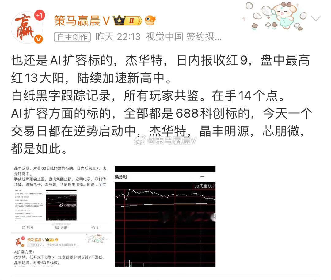 杰华特，落袋止盈即可，结算9个点跟踪记录。 