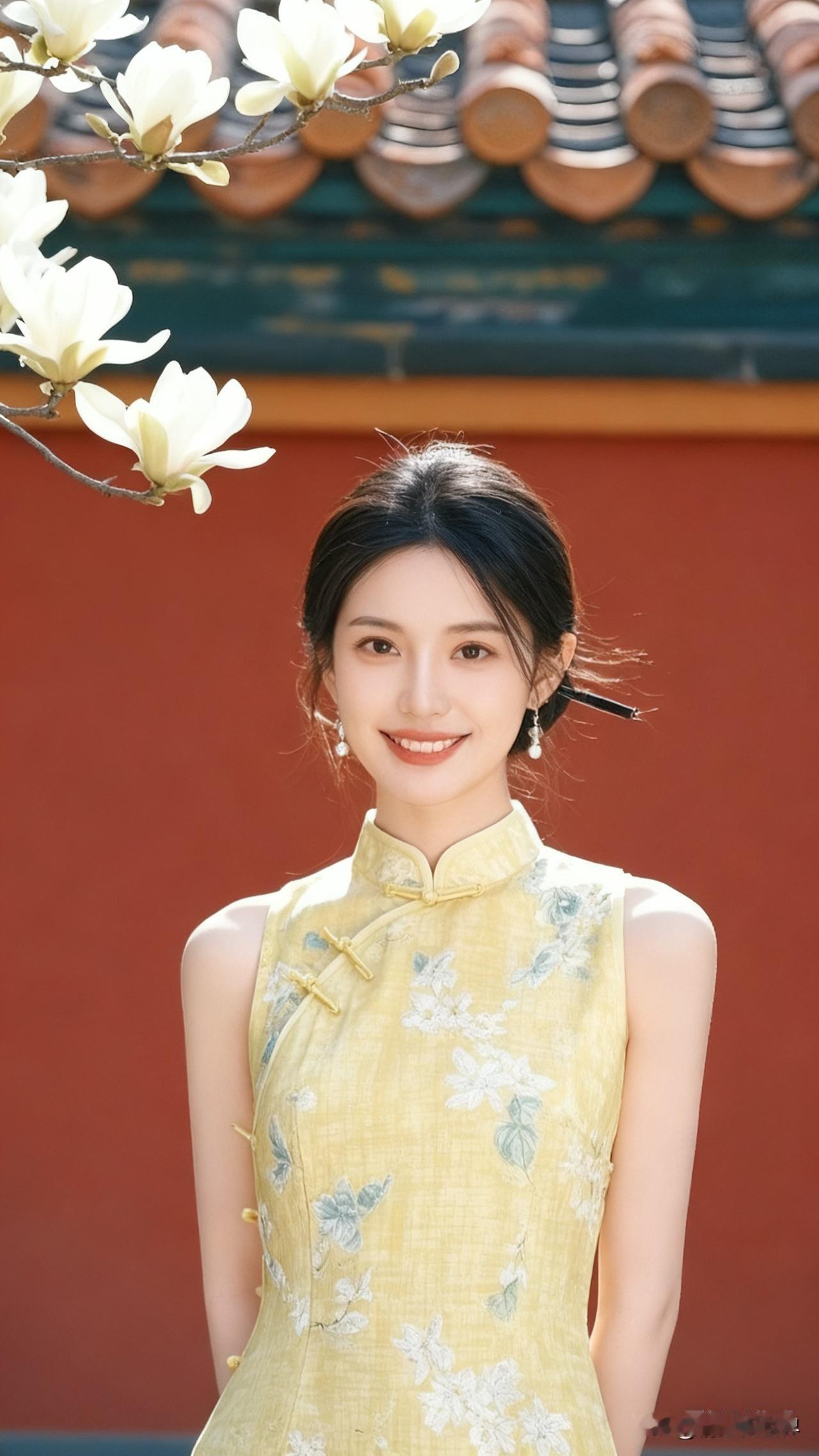 春日暖阳下，古典旗袍与花枝相映成趣，笑靥如花江南风旗袍照 旗袍烟雨景